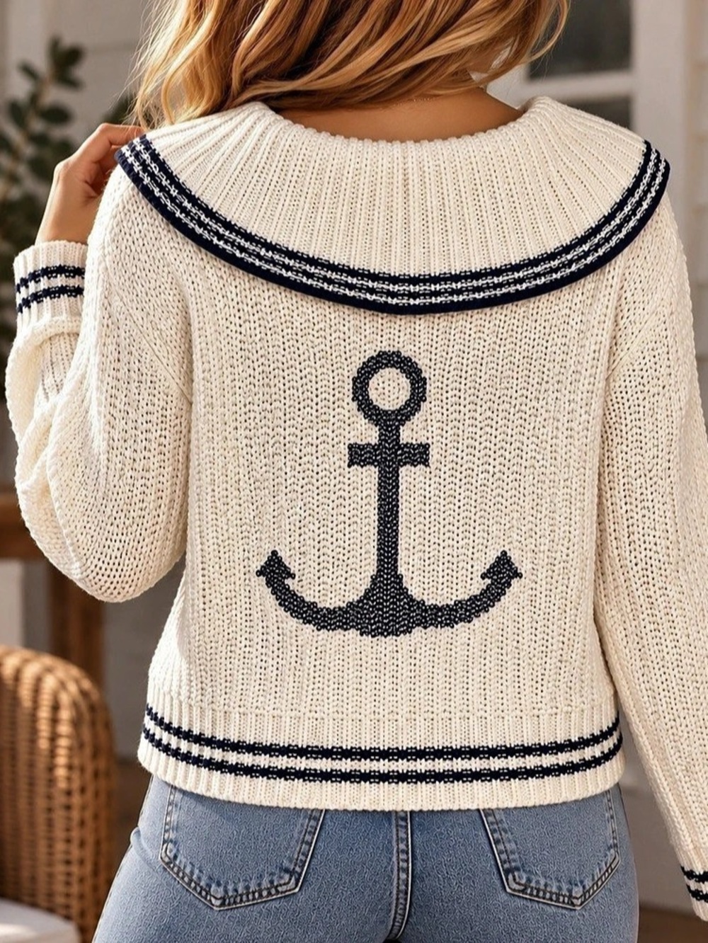 Large | Marled | Ivory & Navy Sailor Collar Anchor Sweater